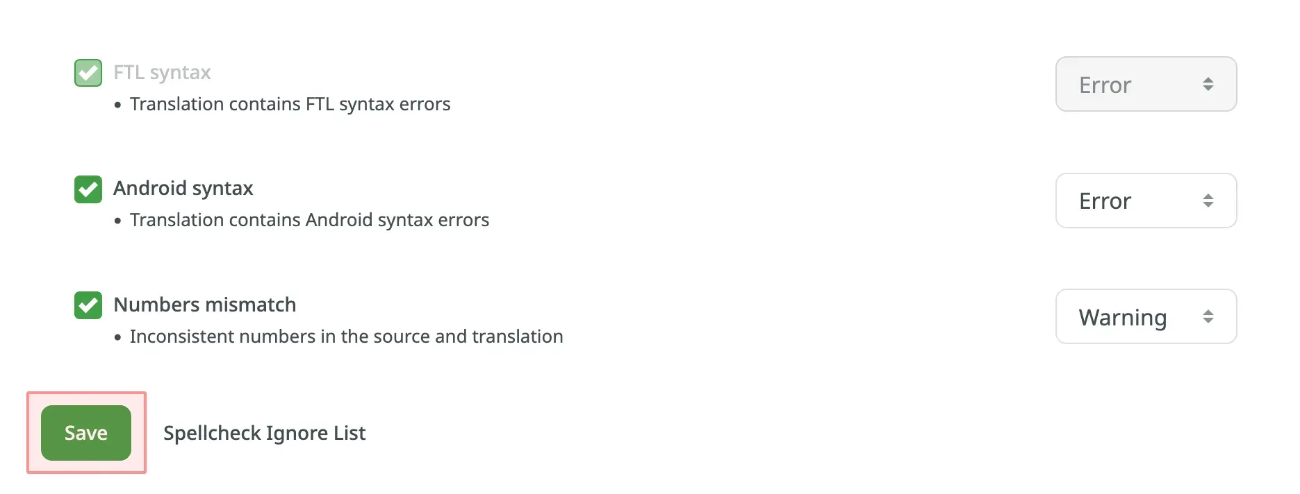 Essential QA checks that cannot be disabled in settings in Crowdin